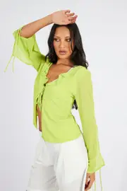 Green Frill Split Top Tie Front Long Sleeve - Size 8, Women's Bolero