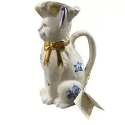 Royale Stratford Cat Ceramic Pitcher Handmade In England Blue & White Floral Wit