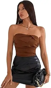 [CHAANG] womens tops Solid Ruched Side Tube Top Coffee Brown Strapless Sleeveless Crop Slim Fit(Medium)