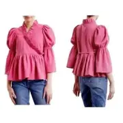 By TiMo Bubble Wrap Crinkled Puff Shoulder Bell Sleeve Ruffled Barbiecore Blouse