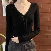 Long Sleeve V-Neck Plain Bow Panel Lace Top Black - XL