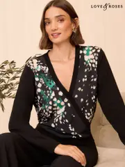 Love & Roses Black Woven Mix Printed Wrap Knitted Top (AD7465) | $35