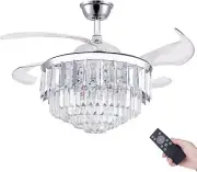42" Crystal Ceiling Fan with Lights, Retractable Invisible Fandelier Ceiling ...