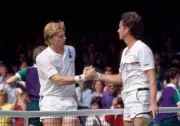 Boris Becker of West Germany and Peter Doohan of Australia shake - Old Photo