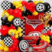 100pcs, EASY DIY – Cars Balloon Garland Kit & Arch with BONUS Trophy & Number 2 - Race Car Balloons for Lightning McQueen Race Car Birthday Party Supplies & Boy Cars Theme Birthday Party Decorations
