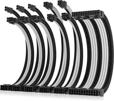 Asiahorse Black White Sleeved PSU Extension Cable Kit 16AWG Cotton Custom PC Mod