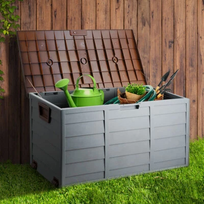 Outdoor Storage Box Brown Container Bench Garden Deck Tool Shed With wheels 290L