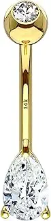 [OUFER] 14G 14K Solid Gold Belly Button Ring, Clear Teardrop CZ Navel Rings, Belly Bars, Navel Piercing