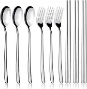 IQCWOOD Spoons and Forks Set, Flatware Set, 3 Pair Forks and Spoons Silverware Korean Utensil Set, Stainless Steel Korean Chopsticks Spoons and Fork Set, Dinnerware Portable Utensils for Home