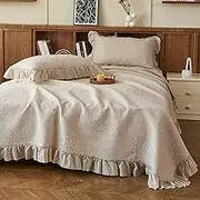 vctops Boho Embroidered Cotton Bedspread Quilt Set Queen Size, Shabby Chic Ruffled Bedding Set, 3 Pieces Reversible Bedspreads with Pillow Shams for All Season (Coffee,Queen)