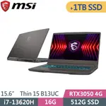 MSI微星 THIN 15 B13UC-1418TW-SP2 灰(I7-13620H/16G/512G+1TB SSD/RTX3050/W11/15.6)特仕筆電