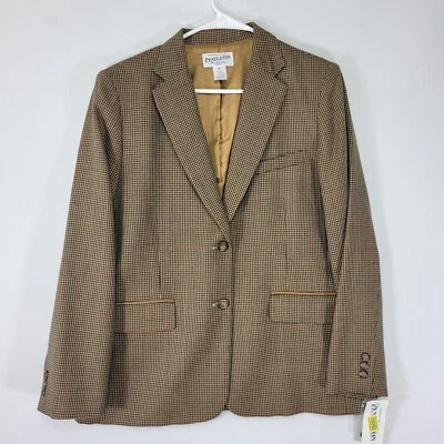 Pendleton Women's Blazer Jacket Brown Houndstooth Virgin Wool Size 14