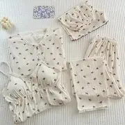 Pajama Set: Long-Sleeve Plain Button Top + Padded Camisole + Pants + Shorts 17411 - Set Of 4 - Top & Padded Camisole & Pants & Shorts - Floral - Purple - XL