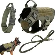 Tactical Dog Vest Harness – 3-in-1 Collar with Bungee Leash Set – No Pull Military Dog Harness for Medium to Large Dogs, Heavy-Duty Oxford Vest with Reinforced Stitching & D-Ring Clips - Green