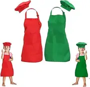 [JEOJEOY] 2 Sets Green&Red Apron and Chef Hat Set-Apron for Cooking Painting Baking Wear 5-12
