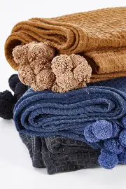 Textured Cotton Throw With Pompoms--DAR-TH9119