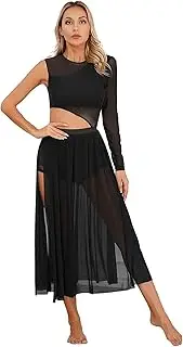 [Hedmy] Women's Lyrical Dance Dress Cutout Leotard Side Split Sheer Mesh Single Long Sleeve Flowy Dress Dancewear