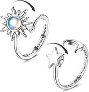 [Adramata] 2Pcs Silver Anxiety Rings for Women Sunflower Fidget Ring You Are My Sunshine Anxiety Ring Moonstone Anti Stress Ring Adjustable Open Spinner Rings for Anxiety Women