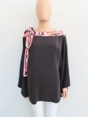 NWT Emilio Pucci Black Loose Fit Multicolor Neckline/Bow Blouse 42/US 6