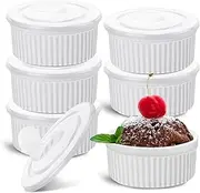 [Hoolerry] 6 Sets Porcelain Ramekins with Lids Ramekins 8 Oz Oven Safe Creme Brulee Souffle Ramekins with Covers for Oven Stackable Ceramic Bowl with Lid Baking Ramekin Dishes Cups for Baking (White)