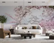 3D Architecture Sakura Landscape Self-adhesive Removeable Wallpaper Wall Mural