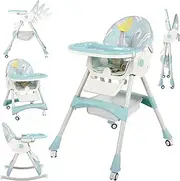6 in 1 Convertible Baby High Chair with Wheels and Footrest,Foldable Portable Adjustable Backrest and Seat Height for Infant Toddler Baby Boy Girl,Green