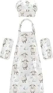 AIXIWAWA Kids Apron Chef Hat Set, Child Kitchen Bib Aprons Adjustable for Cooking Baking Painting (Cartoon Sheep Clouds)