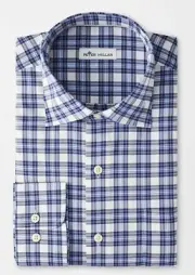 NEW PETER MILLAR L/S DEVON COTTON-Blend Sport Woven Shirt, MEDIUM, NAVY BLUE