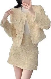 [Generic] Women Short Jacket Coat + Skirt Sets Tassel Tweed Two Piece Set