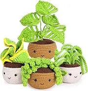 Crochet Kit for Beginners, 4 Pcs Crochet Plants Potted Cactus Kit, Crochet Starter Kits for Adults with Instruction, Hooks, Yarns, Filling, Knitting Craft DIY Crochet Gifts, Green
