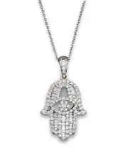 Diamond and Baguette Hamsa Pendant Necklace in 14K White Gold, 0.55 ct. t. w.