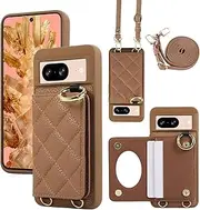 YDIJCYAN Mobile Phone Case for Google Pixel 8 Case with Strap + Ring + Makeup Mirror Shockproof Mobile Phone Protective Case (Brown)