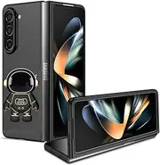for Samsung Galaxy Z Fold 5 Case Cute Hidden Astronaut Stand,Galaxy Fold 5 Case Frosted PC Back Soft Silicone Bumper,Fold 5 Phone Case Folding Bracket Shockproof Cover for Samsung Z Fold 5 (Black)