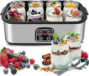 1400ML Automatic Portable Stainless Steel Yoghurt Maker, with Constant Temperature Control & Timer, 8 Glass Cups, for Making Fresh, Healthy Homemade Desserts