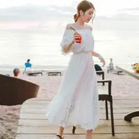 在飛比找蝦皮購物優惠-長洋裝 波西米亞長裙女夏白色沙灘裙海邊度假海灘裙抹胸一字肩超