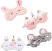 NULYLU 4Pcs Plush Cartoon Sleeping Eye Masks Set Unicorn & Horn Designs Soft Shading Eyepatch Blindfolds for Travel Naps & Restful Sleep