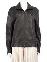 Black Leather Cuff Zip Jacket