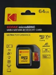 GENUINE KODAK RED Ultra 64GB- MicroSDHC Class 10 U3 V30 A1 4k w/Adapter