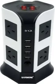 SAFEMORE Vertical Power Board with 4 USB Ports and 8 Plugs, White and Black
