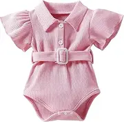 [Generic] Leotards for Young Girls Toddler Kids Infant Girls Cute Ribbed Flare Short Sleeves Romper Jumpsuit Belt Cloths Girls Leotards (Pink, 12-18 Months)
