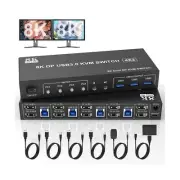 8K@60Hz Displayport USB 3.0 KVM Switch 2 Monitors 4 Computers, DP1.4 KVM Swit...