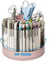 360 Degree Rotation Pen Holder, 6 Slots Pencil Holder For Desk, Art Supply Storage Box Caddy, Desk Organizers And Accessories For Office Supplies (Pink)