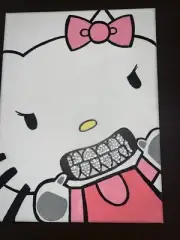 Hello Kitty Painting With Crystal Gem Grills, Hand Painted On Canvas