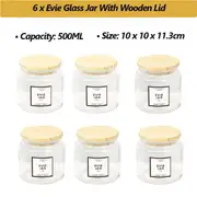 6 X 500ML Wooden Lid Glass Jar Kitchen Food Storage Lolly Candy Container