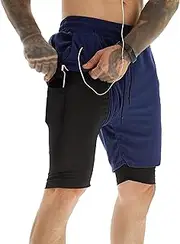 [PHJTOMK] Men's 2 in 1 Workout Running Shorts Dry Lightweight Training Shorts with Pockets Gym Workout Short with Towel Loop