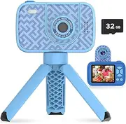 XIULIUU Kids Camera Toys, with a 180° Flip Lens for Selfies, 32G 1080P HD Digital Camera with Flash Lamp, for 3-12 Years Old Boys Girls (Blue)