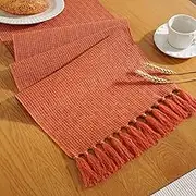Laolitou Rustic Fall Table Runner with Tassels, Boho Farmhouse Thanksgiving Table Runners 72 Inches Long for Holiday Party, Wedding and Dining Table Decor, 13x72 Inches, Orange