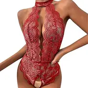 [XINSHIDE] Sexy Lingerie for Women One Piece Bodysuit Criss Cross Backless Floral Lace with Deep V Neck Strappy Teddy Babydolls Red, Red, Large