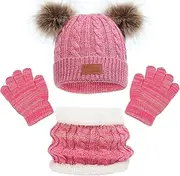 [Baynetin] Kids Winter Beanie Hat Scarf Gloves Set, Thermal Knitted Pom Bobble Hat Scarf Gloves Set with Fleece Lining for Boys and Girls 2-8,Children Winter Warm Accessories Set for Outdoor Sports