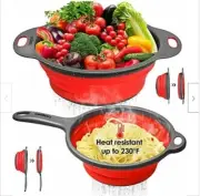 Longzon Collapsible Silicone Colander/Strainer [2 Piece Set] w/handle red & grey